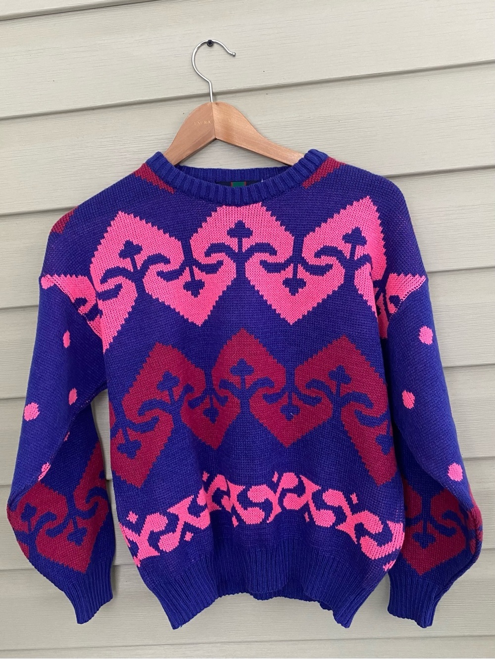 WEATHER BREAKER retro deadstock sweater geometric fleur-de-lis pink purple sz S